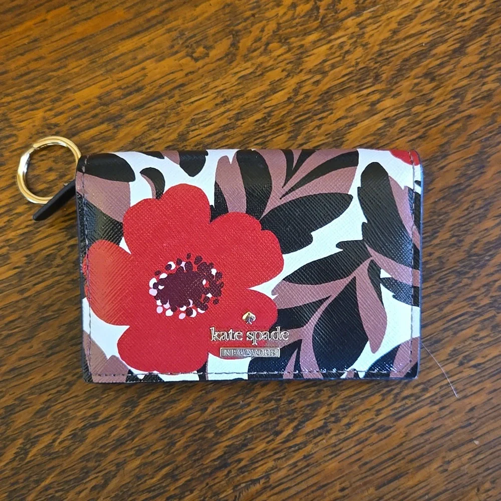 Kate Spade Compact Wallet With Key Ring In Red Poppy Field - Picture 16 of 16
